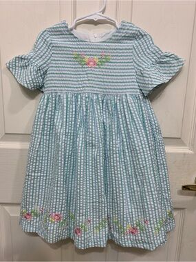 Bonnie Jean Girls 4T Seersucker Blue Green w Pink Floral Dress.             3741